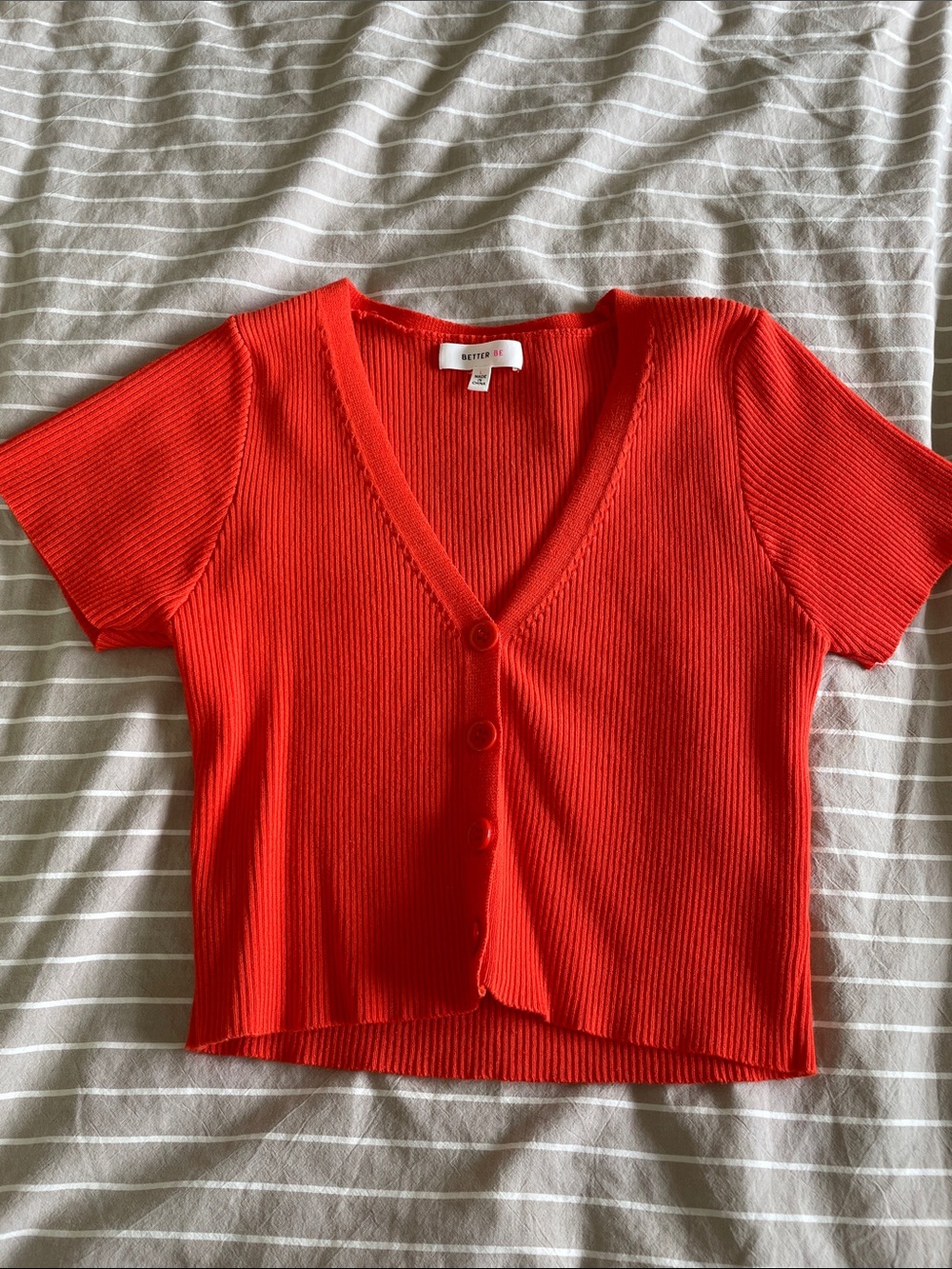 Better Be Red/Orange Ribbed V-Neck Button Front Short Sleeve Top